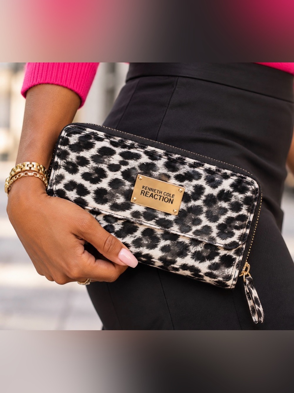 Kenneth Cole Reaction Leopard Print Wallet. Black/White/Pink.
